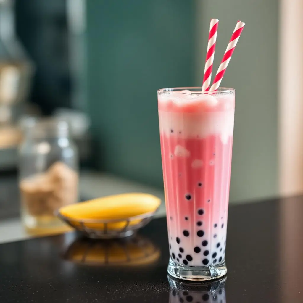 Pink bubble tea with tapioca pearls